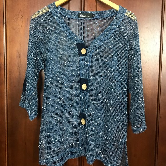 Creation Blue Button Up Fishnet Sheer Blouse Size S - Picture 1 of 6